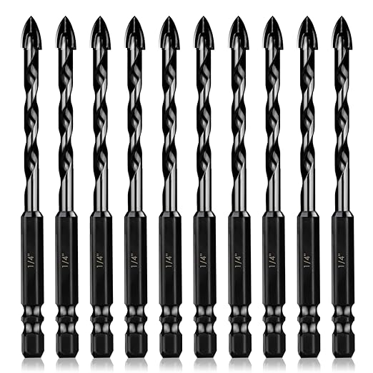 HPHOPE 10Pcs Masonry Drill Bits Set - 1/4" Concrete Drill Bit Set for Tile, Brick, Glass, Plastic and Wood, Tungsten Carbide Tip Work with Ceramic Tile, Wall Mirror, Paver on Concrete or Brick Wall