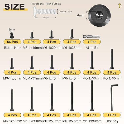 METALLIXITY Crib Screws Replacement Set(M6-1x16/20/25/30/35/40/45/50/55/60/65/70/75/80mm) 114Pcs, Galvanization Barrel Nuts Hex Drive Allen Bit Assortment Kit, for Chair Cabinet Bed, Black