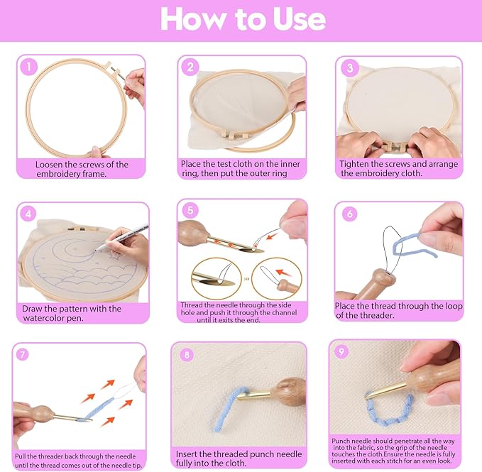 Punch Needle Tool with Embroidery Hoop and Punch Needle Cloth,Embroidery Punch Needle Set,Adjustable Punch Needle Kit for Adults Beginner,Hand Sewing Lover(Pink)