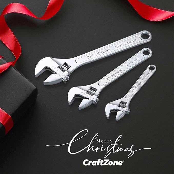 CRAFTZONE Adjustable Wrench Set, 3pc Wrench Sets with SAE and Metric Scales, Heat-Treated Carbon Steel with Chrome Plated, Wide Jaw Wrenches for Home, Plumbing, Garage (6, 8, 10 Inch)