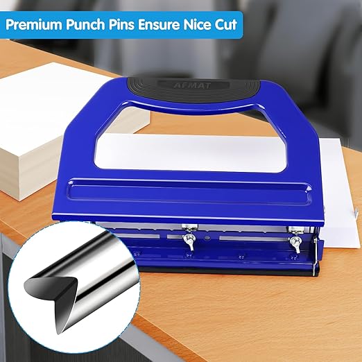 AFMAT 3 Hole Punch Heavy Duty, 9/32" Holes, 50-Sheet Hole Puncher 3 Ring, 50% Reduced Effort, Adjustable Two & Three Hole Punch, Metal Paper Puncher w/Large Chip Tray, Metal Paper Guide, Blue, HP18