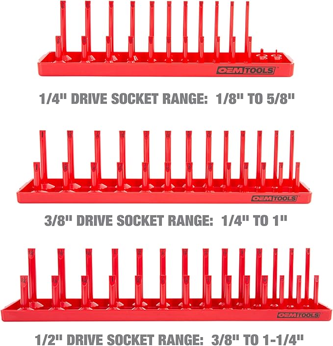 OEMTOOLS 22413 6 Piece SAE and Metric Socket Tray Set, SAE and Metric Socket Storage for Sizes 1/4", 3/8?? and 1/2" Drive, Socket Holders and Socket Organizer Tray for Toolbox, Red/Grey