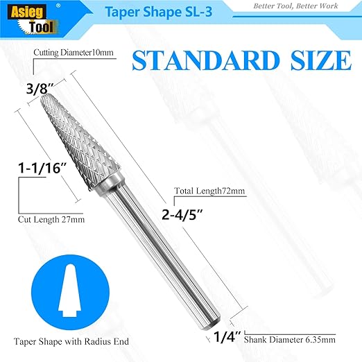 SL-3 Tungsten Carbide Burr Rotary File Taper Shape with Radius End Double Cut with 1/4" Shank for Die Grinder Drill Bit - 10Pcs
