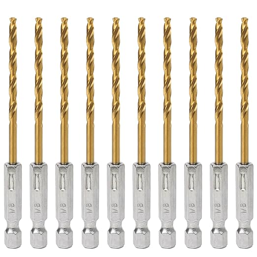 Hex Shank Drill Bits - Set of 10Pcs, 1/8 Inch Premium 4341 HSS Titanium Impact Hex Drill Bits for Wood, Steel, Metal, Plastic, Quick Change Design