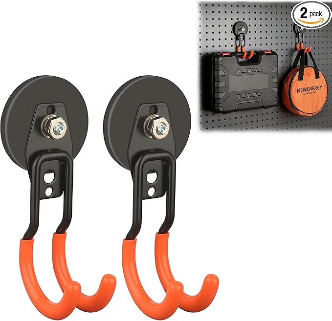 ULIBERMAGNET New Updated Garage Strong Magnetic Hooks, 2 Pack Heavy Duty Large J Hooks with Magnet, Anti-Slip Coating Magnet Hooks for Garden Tools, Ropes,Drill