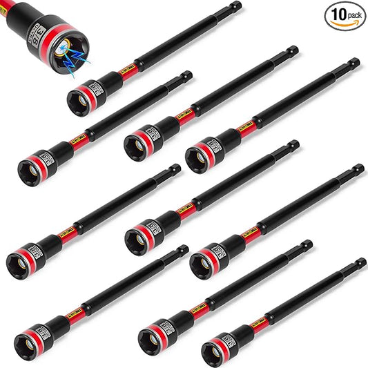 Impact Nut Driver Set, 10 Pieces 6?쒵ong 3/8?? Point Alloy Steel Magnetic SAE Nut Setter Set Use For Require Installing 1/4 Hex Shank Impact Driver with Case Box
