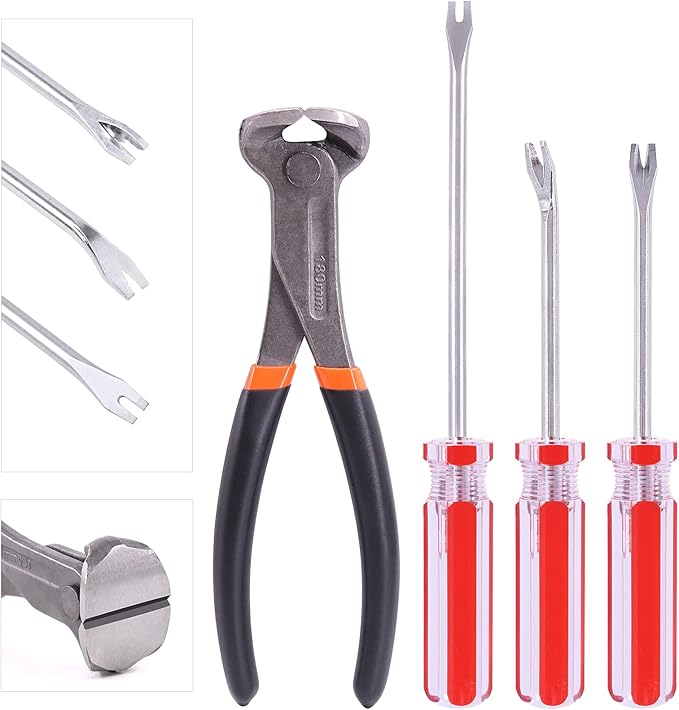 4Pcs End Cutting Pliers and Tack Puller Nail Remover Tools Set with Straight U Tip, Straight V Tip and Angled V Tip Tack Lifter to Remove Nails Wire for Upholstery Car Construction