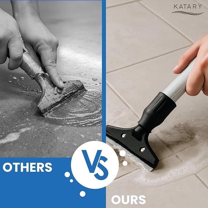 KATARY Long Handle Floor Scraper and Wall Tile Scraper Tool with Razor Blade with Tool Bag and 3-Piece Cleaning Brush Set - Grout, Concrete and Glue Remover Kit