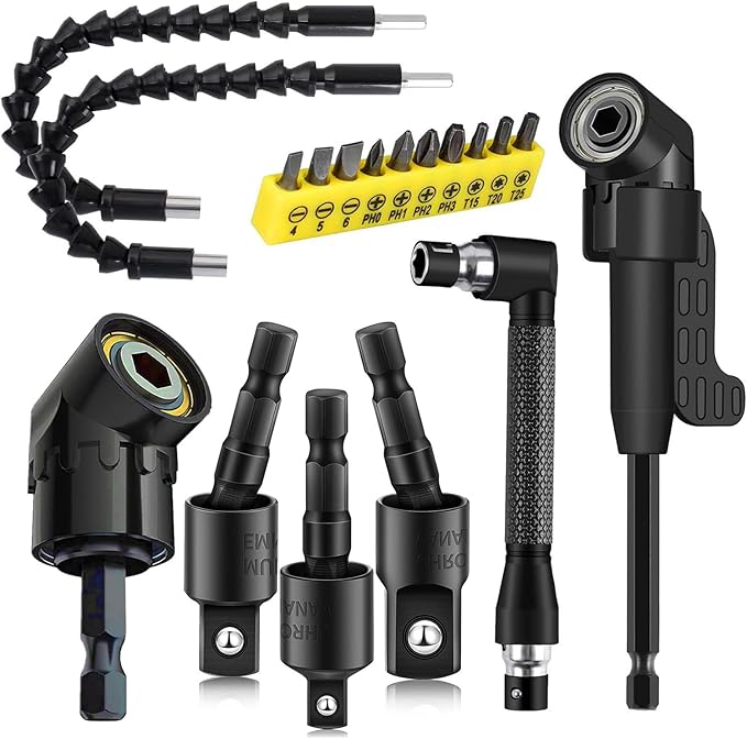 18Pcs Flexible Drill Bit Extension, Include 3Pcs Rotatable Socket Adapter 2Pcs 105째 Right Angle Drill Attachment 10 Short Screwdriver Bits 90째 Angled Bits and 2 Bendable Extension Tool