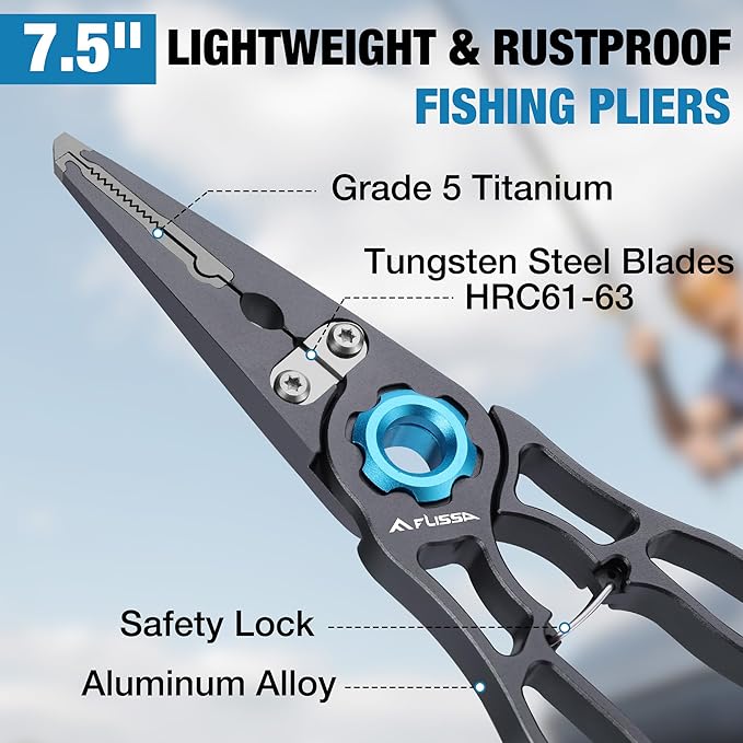 FLISSA 7.5 Inch Lightweight Fishing Pliers, Titanium 6Al-4V Jaw and Tungsten Carbide Line Cutters, Safety Lock Fish Pliers with Aluminum Handle, Sheath & Lanyard, Fishing Gear Gifts for Men