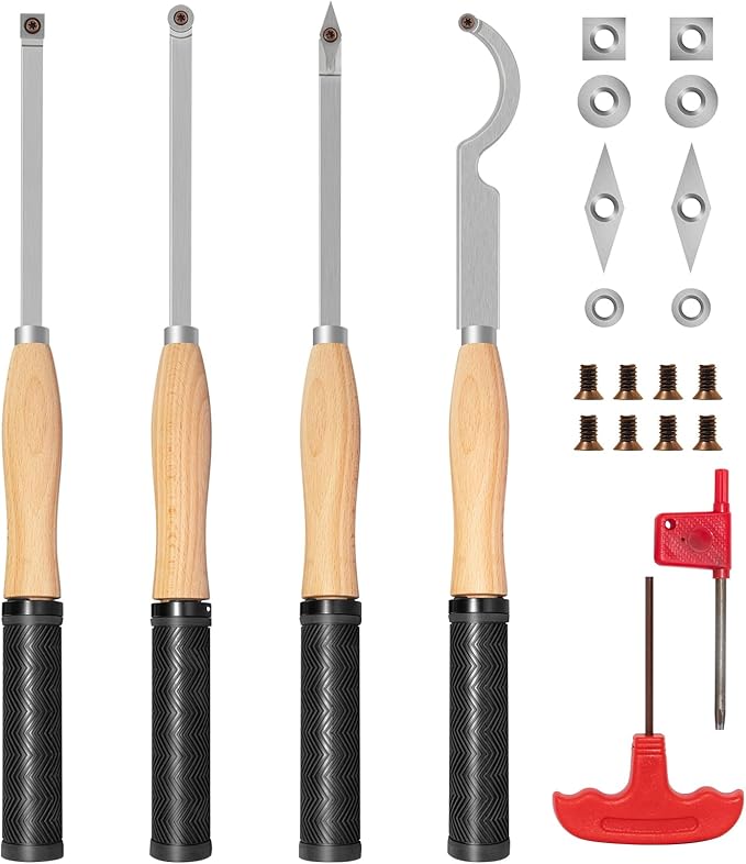 18.3" Full Size Carbide Tip Wood Lathe Turning Tool Kit, Lathe Roughing and Finishing Hollow Tool with 8pcs Diamond Round Square Carbide inserts For Woodturning(4 set)