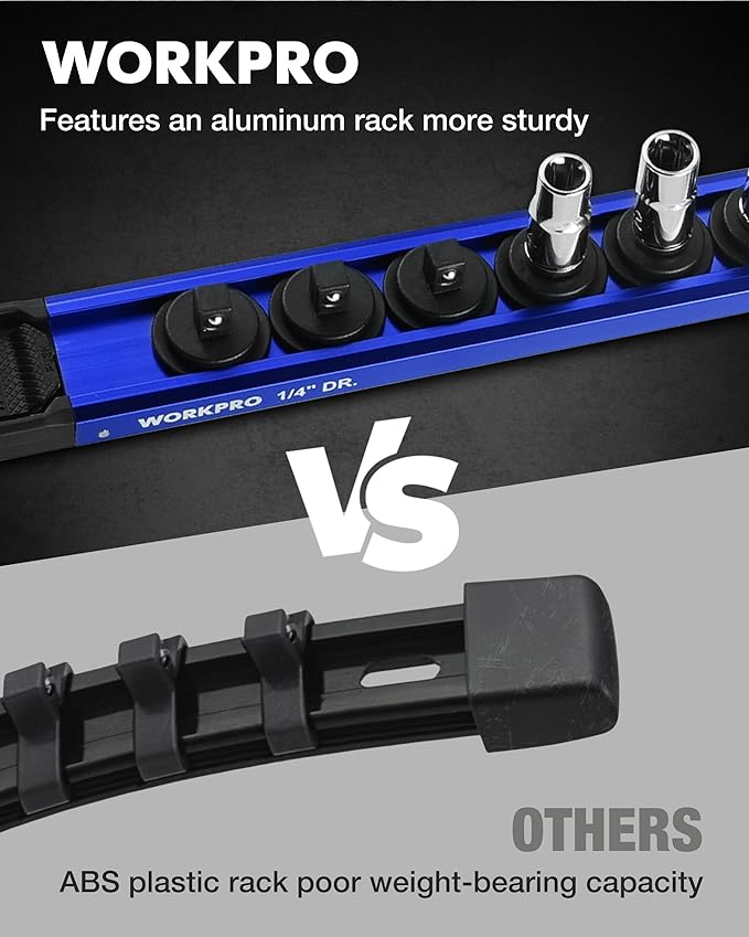 WORKPRO Magnetic Socket Organizer, 1/4" Drive Aluminum Alloy Socket Holder with 12PC Removable Socket Clips for Quick Customization, Socket Rail for Tool Box Drawer (Sockets Not Included)