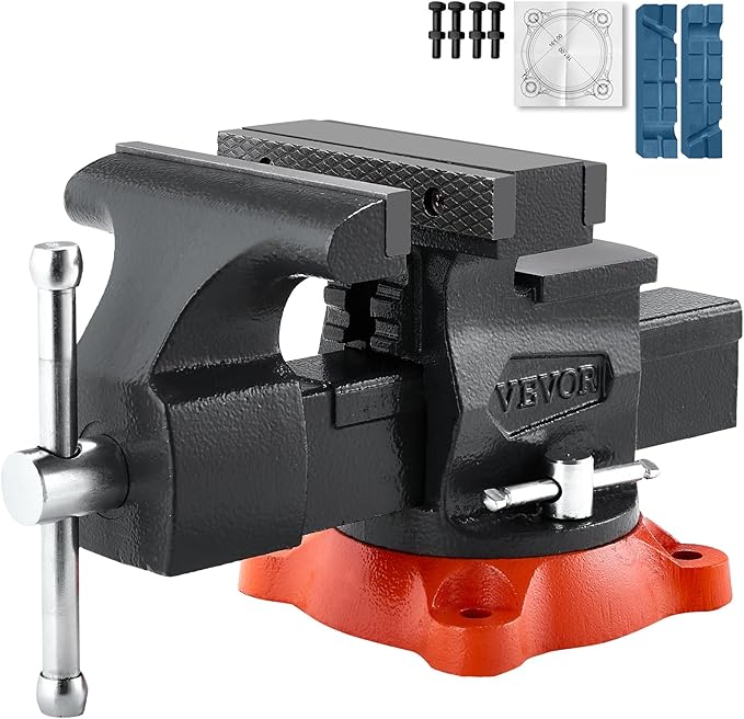 VEVOR Bench Vise, 5.5" Jaw Width, 5.5" Max Jaw Opening Multipurpose Vise with 360째 Swivel Locking Base, 2.8" Throat Depth, Heavy Duty Ductile Iron Workbench Vise, Two-Way Jaws for Clamping Round Pipes