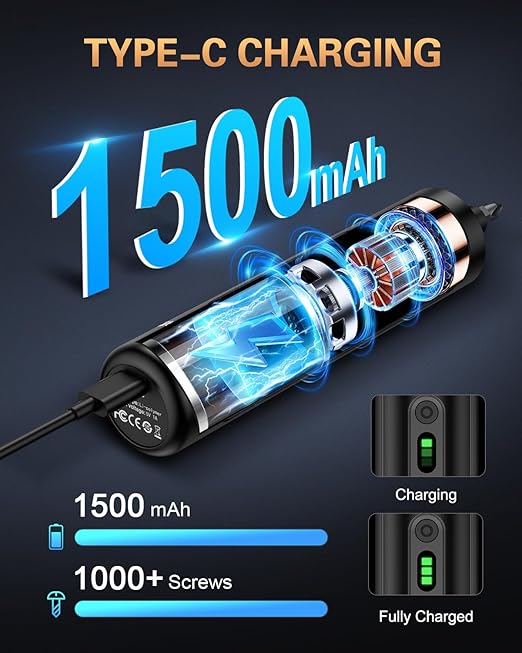 Electric Screwdriver, Rechargeable Cordless Power Screwdriver, 3 Torque Settings, Max 5 N.m, 1/4'' 6 Double-Ended Bits, 1500mAh Battery, LED Lights, Repair Tool for DIY Furniture Electronics