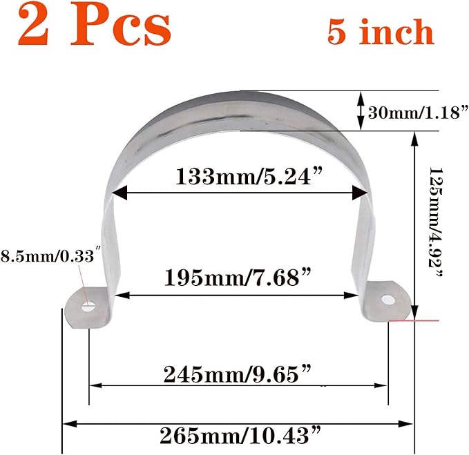 2 Pcs 5inch Rigid Pipe Strap,Two Hole Stainless Steel Strap U Bracket, Widened Tube Strap Tension Clip Assortment Kit Heavy Duty Pipe Clamp（133mm）