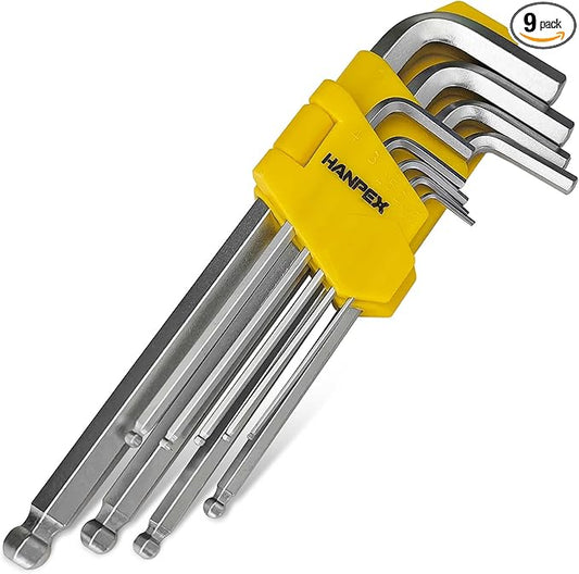 Long Arm Hex Key Allen Wrench Set with Ball End, Ball-End Hex Allen Key Set Chrome Vanadium Steel(Cr-V), Tamperproof TORX L- Key Set (9Pc Metric)