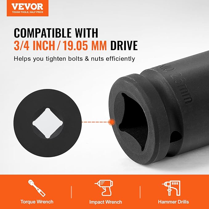 VEVOR Axle Nut Impact Socket Set, 3/4" Drive 6-Point 8-Piece Metric Spindle Nut Socket Set, CR-MO Heat Treated Large Socket Set with Storage Case, for Auto Repair, Removing or Installing Axle Nuts