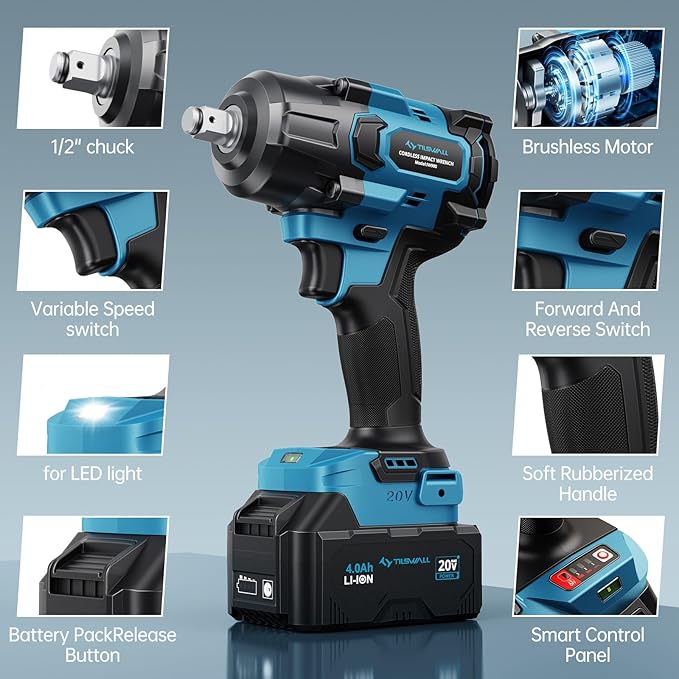 Tilswall Impact Wrench 1/2 Impact Gun,2500RPM,3-Speed Torque Settings (380/600/900N.m),20V Electric Cordless Impact Wrench Driver,3/8" Adapter,4Ah Battery & 2.0Ah Fast Charger for Home Car Truck Tools