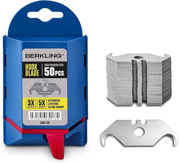 Utility Hook Razor Blades 50 PCS With Dispenser, SK2H Laser Sharpened Hardened, Ultra 3X Sharper and 5X Durable, Heavy Duty Replacement Blades for Carpet, Roofing Blade Knife, Box Cutter