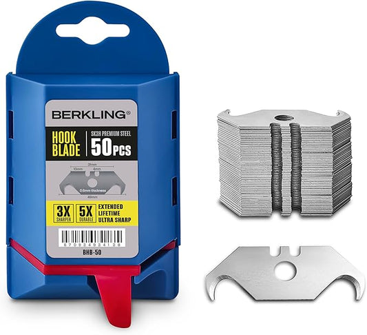Utility Hook Razor Blades 50 PCS With Dispenser, SK2H Laser Sharpened Hardened, Ultra 3X Sharper and 5X Durable, Heavy Duty Replacement Blades for Carpet, Roofing Blade Knife, Box Cutter