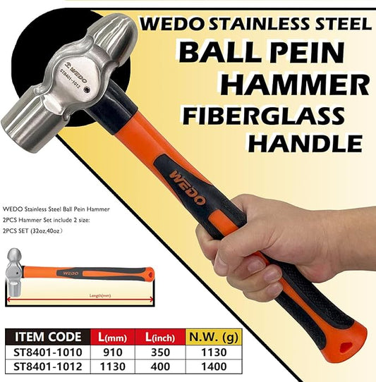 WEDO 2PCS Ball Pein Hammer Set,2lb+2.5lb(910g+1130g),Stainless Steel Ball Peen Hammer Set With Fiberglass Handle,Die-forged,Shock-resistant,Corrosion Resistant