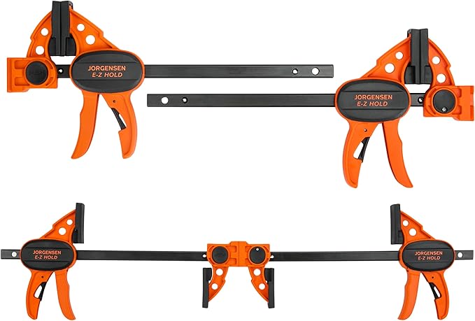 Jorgensen 6" Bar clamps for woodworking - 4-Pack, One-Hand Light Duty E-Z Hold Spreader Clamp, 150 lbs Capacity, Versatile and Easy-to-Use Design