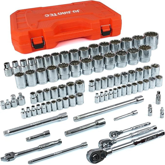 86-Piece Mechanics Tool Set, 1/4" 3/8" 1/2" Shallow Drive Socket & Ratchet Set, SAE/Metric, 90-Tooth Ratchet, Extension Bars, CR-V Steel Tool Kit with Storage Case