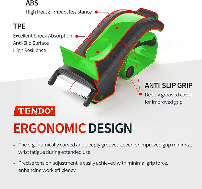 Heavy Duty Shipping Tape Dispenser: TENDO째 Premium Line ??Reusable, Replaceable, Eco-Friendly 2?쇺?Master Piece Dispenser for Pros with Patented 10째 Sloped Chromium Blades - P-2200 (4th Gen.)_Green