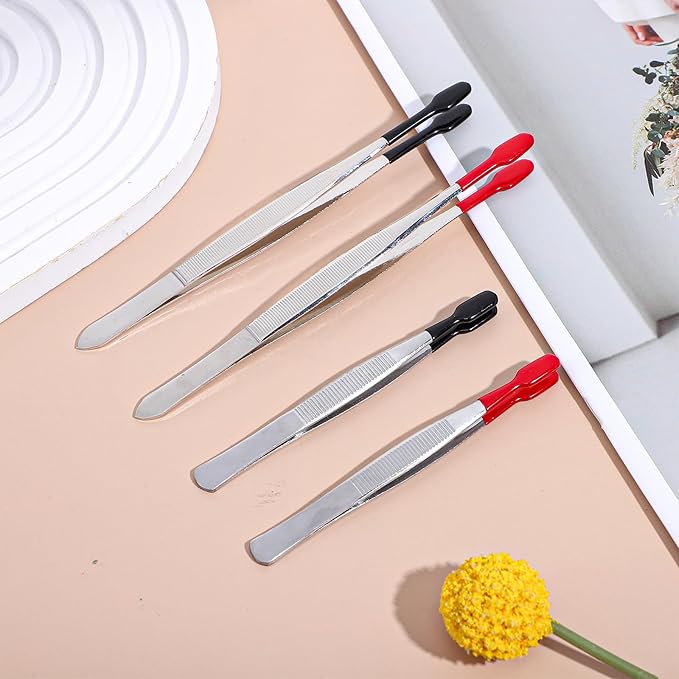 4 Pieces Rubber Tipped Tweezers, Forceps Silicone Coated Flat Tip Long Bent Precision Tweezers, Hobby Craft Tweezer Tools for Crafting Stamps Coins Jewelry Industrial Electronic Lab (Black & Red)