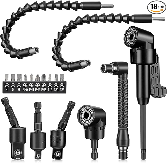Therwen 18 Pcs Flexible Drill Bit Extension Set 105째 Right Angle Drill Bit Attachment 1/4, 3/8, 1/2 Inch Hex Adapter Socket Socket Wrench Bendable Magnetic Extender Screwdriver Electric Manual Tool