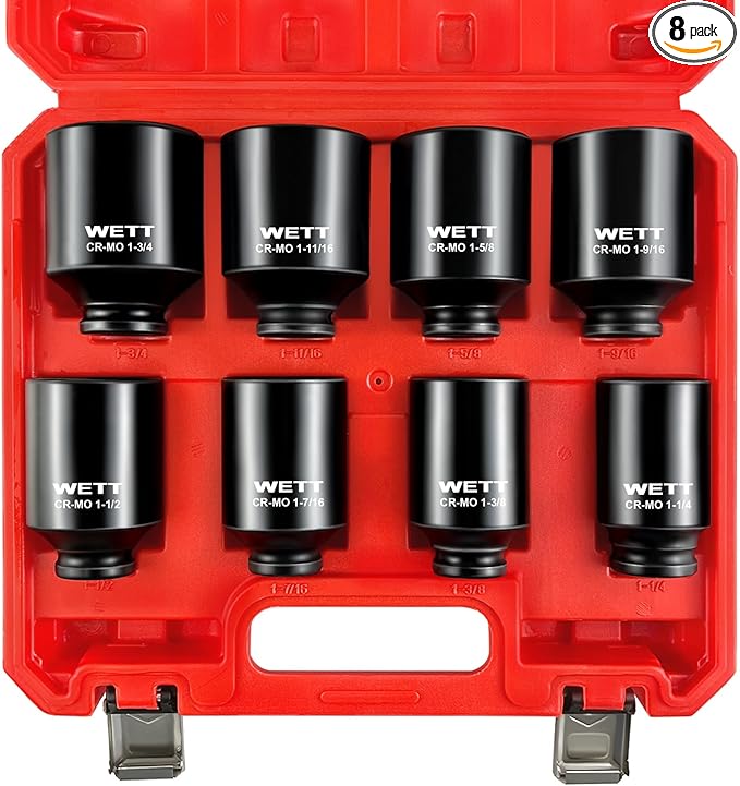 WETT 1/2" Drive Deep Large Impact Socket Set, 8-Piece Spindle Axle Nut Large Sockets Set, Standard SAE 6 Point Wheel Wrench Sockets, CR-MO Steel, (1-1/4-Inch-1-3/4-Inch)