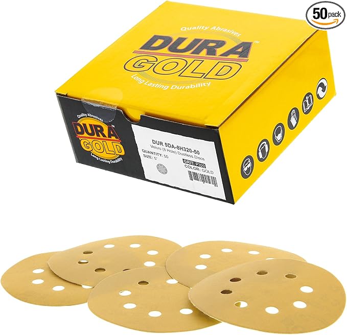 Dura-Gold Premium 320 Grit 5" Sandpaper Discs, 8 Hole Pattern Dustless, 50 Discs - Hook & Loop Backing for Orbital DA Sander, Detailing Finishing Color Sanding Automotive Paint Woodworking