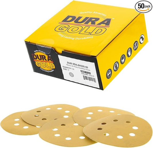 Dura-Gold Premium 320 Grit 5" Sandpaper Discs, 8 Hole Pattern Dustless, 50 Discs - Hook & Loop Backing for Orbital DA Sander, Detailing Finishing Color Sanding Automotive Paint Woodworking