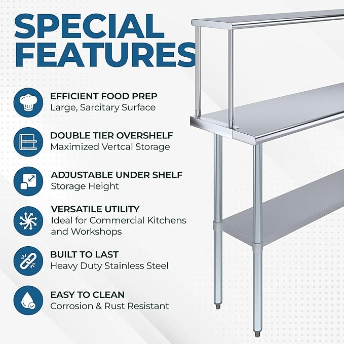 Stainless Steel Work Table with Wide Single Tier Overshelf | Metal Kitchen Prep Table & Shelving Combo (30" x 60" Work Table + 12" Overshelf)
