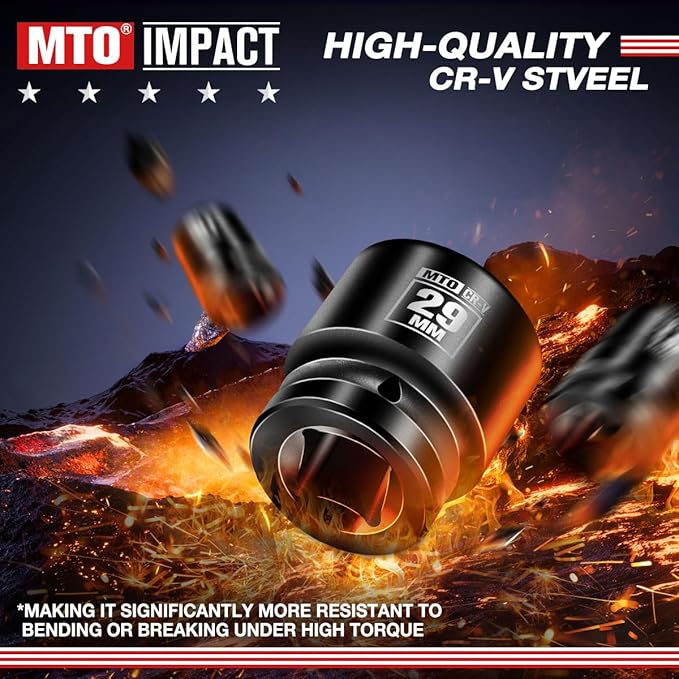 MTO 1/2" Drive 29mm Shallow Impact Socket, 6-Point Metric Socket for Automotive Maintaince, CR-V Steel Meets ANSI Standards