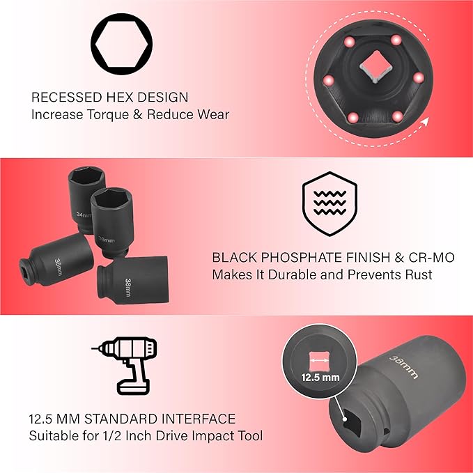 6 Point Deep Impact Socket Set 1/2??Drive, 29-38mm, 9Pcs CR-MO Spindle Metric Axle Hub Nut Socket with Heavy Duty Portable Storage Case for Removing & Installing Axle Nuts