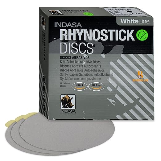 Indasa 6" 100 PCS PSA Sanding Discs ??Rhynostick 120 Grit / 100 Discs ??Self-Adhesive Sticky-Back Sandpaper for DA Sander, Automotive, Wood, Metal, Paint, Whiteline