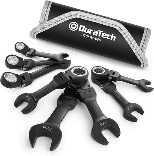 DURATECH Stubby Flex-head Ratcheting Combination Wrench Set, SAE, 8-piece, 5/16" to 3/4", CR-V Steel, Black Electrophoretic Coating, with Rolling Pouch