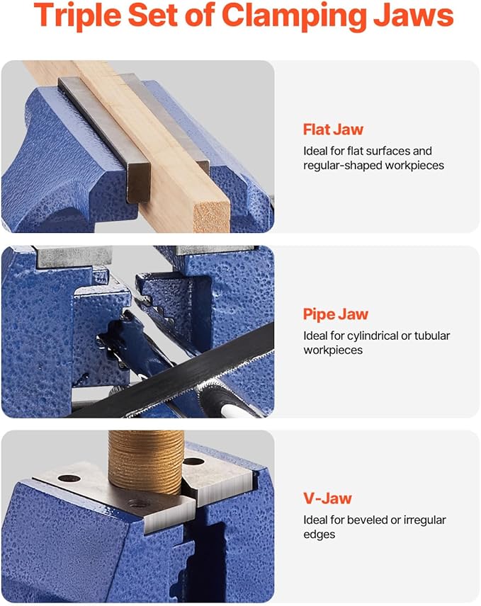 VEVOR Heavy Duty Bench Vise, 6-1/2" Jaw Width, 5" Max Jaw Opening Multi-Purpose Ductile Iron Bench Vise with Anvil, 360째 Swivel Base Head, 3" Throat, 5620 lbs Clamp Force, for Pipe Repairing