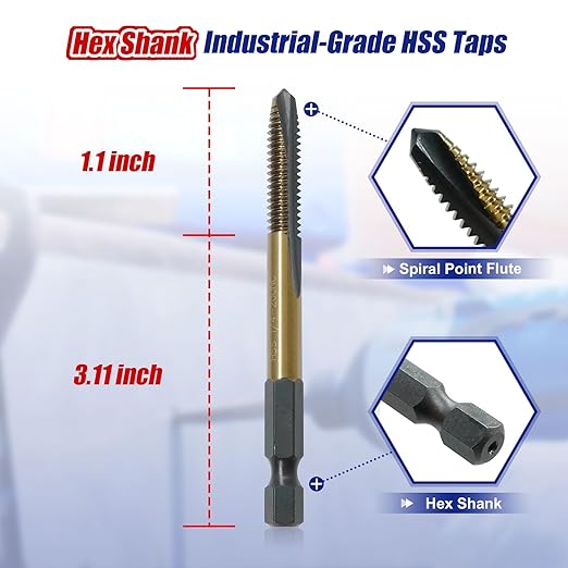 JEFE HEX 1/4-20 UNC Hex Shank Taps for Metal | MRO & Industrial Use | Quick-Change | Impact Driver (5pcs)