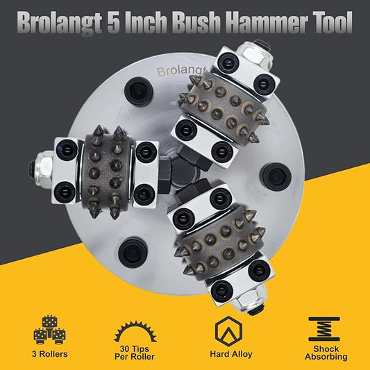 5 Inch Bush Hammer Plate, Stone Concrete Bushing Tool for Coating Removal, CSP 4–5 Surface Roughening, Anti-Slip Floor Prep, 5/8"-11 Thread Fit Variable-Speed Angle Grinder Polisher