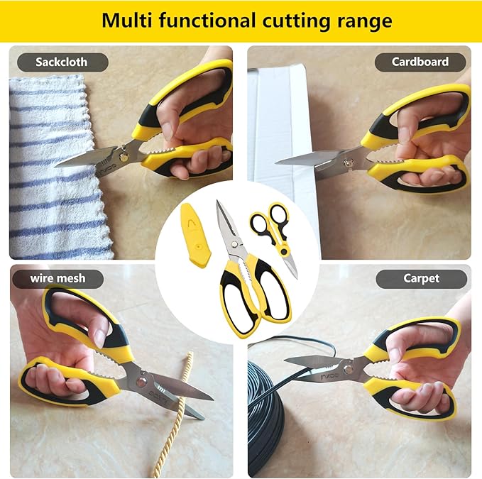 8-Inch Heavy Duty Scissors ??Ultra Sharp Stainless Steel Shears with Serrated Edge & Protective Cover, Ideal for Cardboard, Wire, Fabric & More (Yellow)