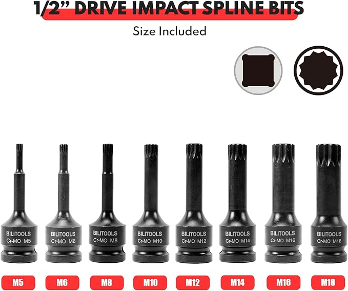 BILITOOLS 8-Piece Impact XZN Triple Square Spline Bit Socket Set 1/2 inch Drive, M5-M18, Cr-Mo Steel