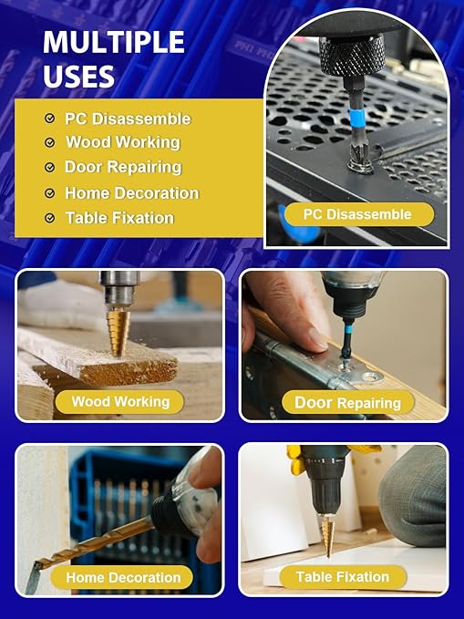 Handree 30pcs Impact Bit Set, Screwdriver Bit Set 11pcs, Hex Shank Drill Bit Set 16pcs, Step Drill Bit 3pcs, High Speed Steel Materialand Titanium Coating, S2 Alloy Steel Bits with Index Box