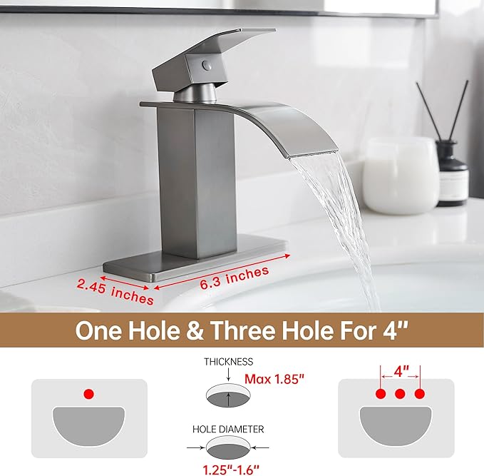FRANSITON Brushed Grey Waterfall Bathroom Faucet Lavatory Single Handle 1 or 3 Hole Bathroom Sink Faucet with Deck and Pop-up Drain (Brushed Grey, Short)