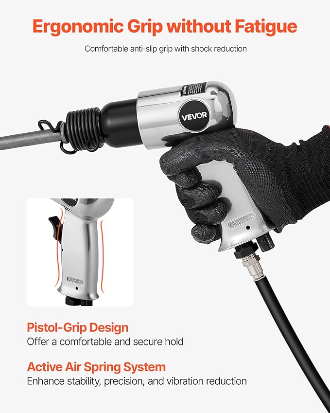 VEVOR Air Hammer, 4500BPM Pneumatic Hammer with 1.57-inch Stroke & 4PCS Chisels Round Shank, Lightweight & Compact Air Chisel Pneumatic Shovel Tool for Cutting Punching Scraping