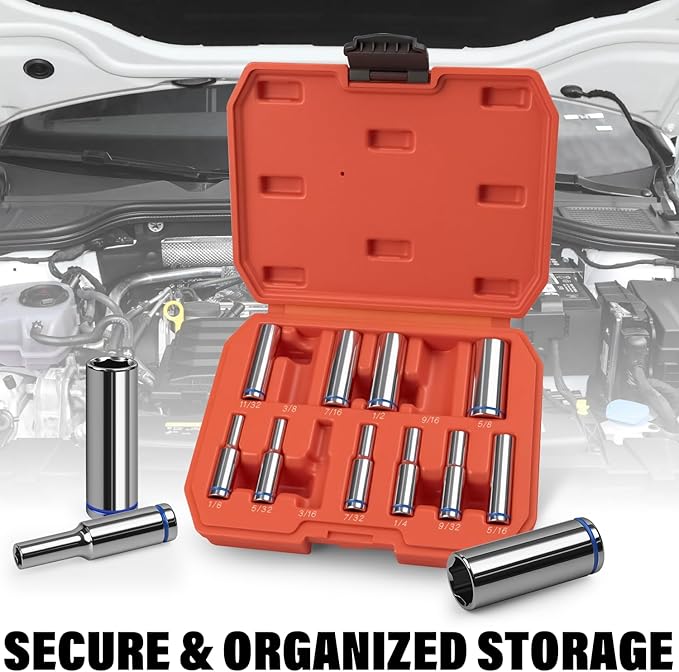1/4" Drive SAE Master Socket Set, 13-Piece Deep Hex Socket Set (1/8" - 5/8"), Cover Most Commonly Sizes, 6 Point, Chrome Vanadium Steel with Molded Case