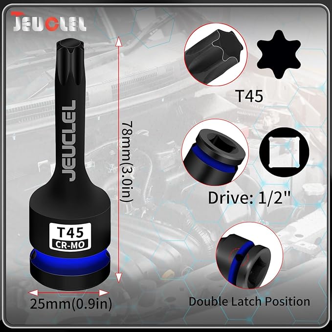 T45 Torx Bit Socket, 1/2" Drive Torx Star 6 Point Impact Bit Socket, 3-Inch, Cr-Mo Steel, Screwdriver Adapter for Electric Ratchet Wrenches Fastening Screws Hand Repair