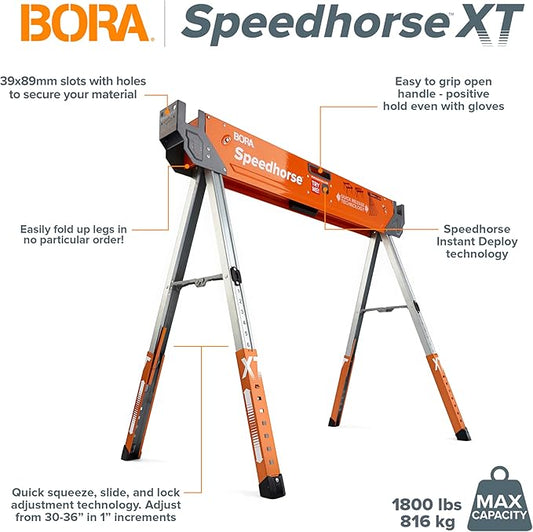 Bora Portamate Speedhorse XT Sawhorse Pair- Two pack, 30-36 inch height adjustable Legs, Metal Top for 2x4, Heavy Duty Pro Bench Saw Horse for Contractors, Carpenters - PM-4550T,Orange