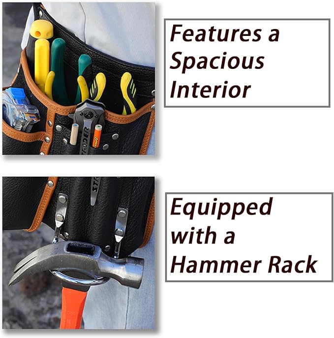Tool Belt,Morrales de Construccion,Carpenter Tool Belt,Leather Tool Pouch,Comes with an Adjustable Padded Belt,Large-Capacity Tool Pouches,a Hammer Holder